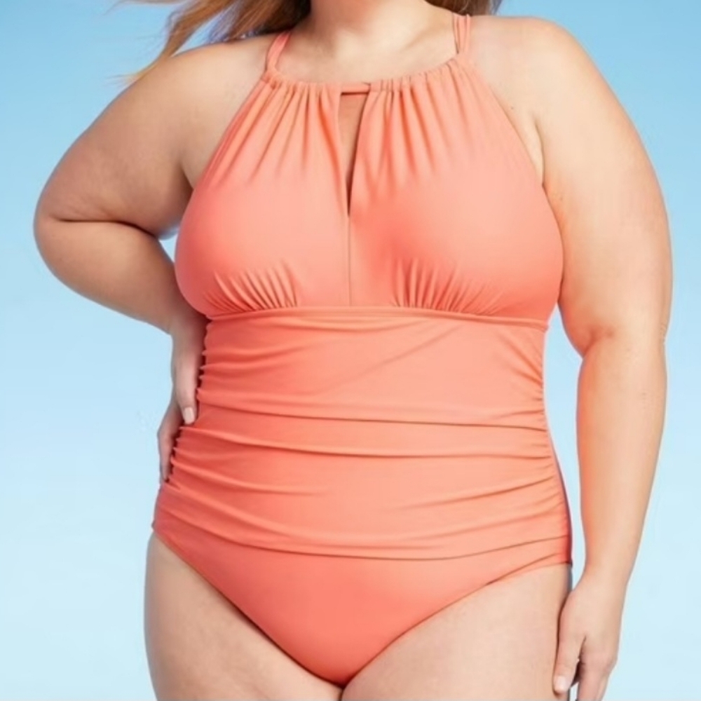 Kona Sol Coral Pink Halter One-Piece Swimsuit, NWT